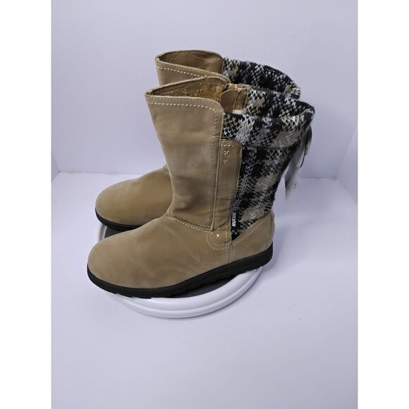 Tan Mid-Calf Winter Boots With Plaid Knit Cuffs Faux Suede Upper Faux Fur Lining - Picture 3 of 8